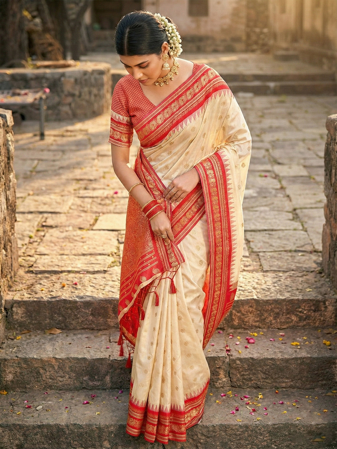 Anaita Cream Silk Woven Saree With Blouse - Distacart