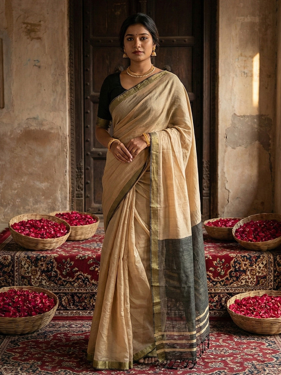Anaita Cream Cotton Printed Saree With Blouse - Distacart