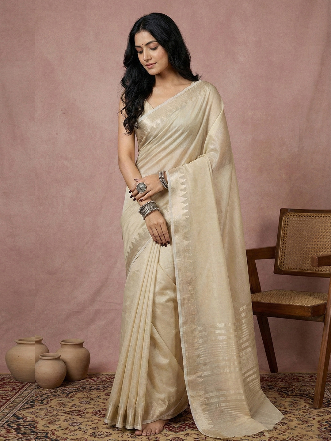 Anaita Cream Cotton Saree With Blouse - Distacart