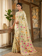 Anaita Cream Linen Woven Work Saree With Blouse - Distacart