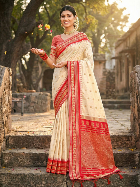 Anaita Cream Silk Woven Saree With Blouse