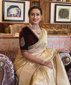 Evanik Cream Crush Tissue Silk Saree with Velvet Embroidery Stitched Blouse