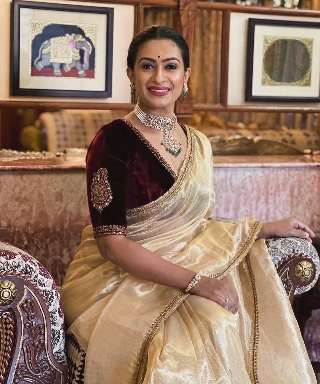 Evanik Cream Crush Tissue Silk Saree with Velvet Embroidery Stitched Blouse