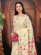 Anaita Cream Linen Printed Saree With Blouse - Distacart