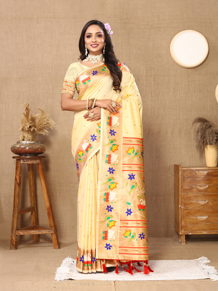 Lorenvalley Fashion Cream Soft Paithani Silk Woven Design Rich Zari Meenakari Weaving Saree