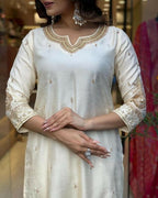 The52 White Beautiful Embroidered Viscose Chanderi Fabric Straight Kurta Pant with Dupatta Set - Distacart