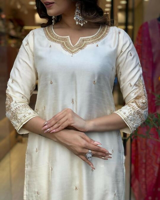 The52 White Beautiful Embroidered Viscose Chanderi Fabric Straight Kurta Pant with Dupatta Set - Distacart