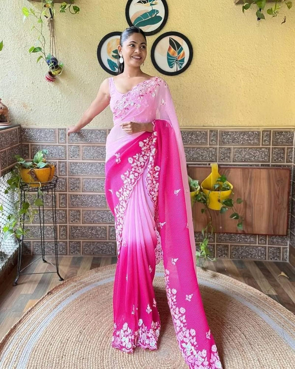 Vamika Embroidery Pink Georgette Bollywood Saree - Distacart