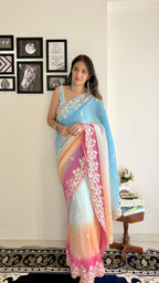 Vamika Embroidery Sky Blue Georgette Bollywood Saree - Distacart