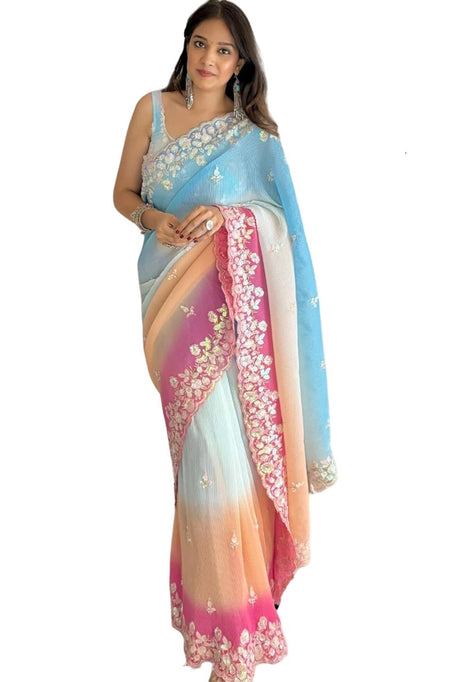 Vamika Embroidery Sky Blue Georgette Bollywood Saree