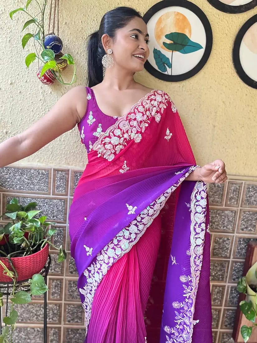 Vamika Embroidery Purple Georgette Bollywood Saree - Distacart