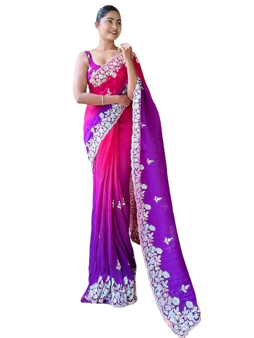 Vamika Embroidery Purple Georgette Bollywood Saree - Distacart