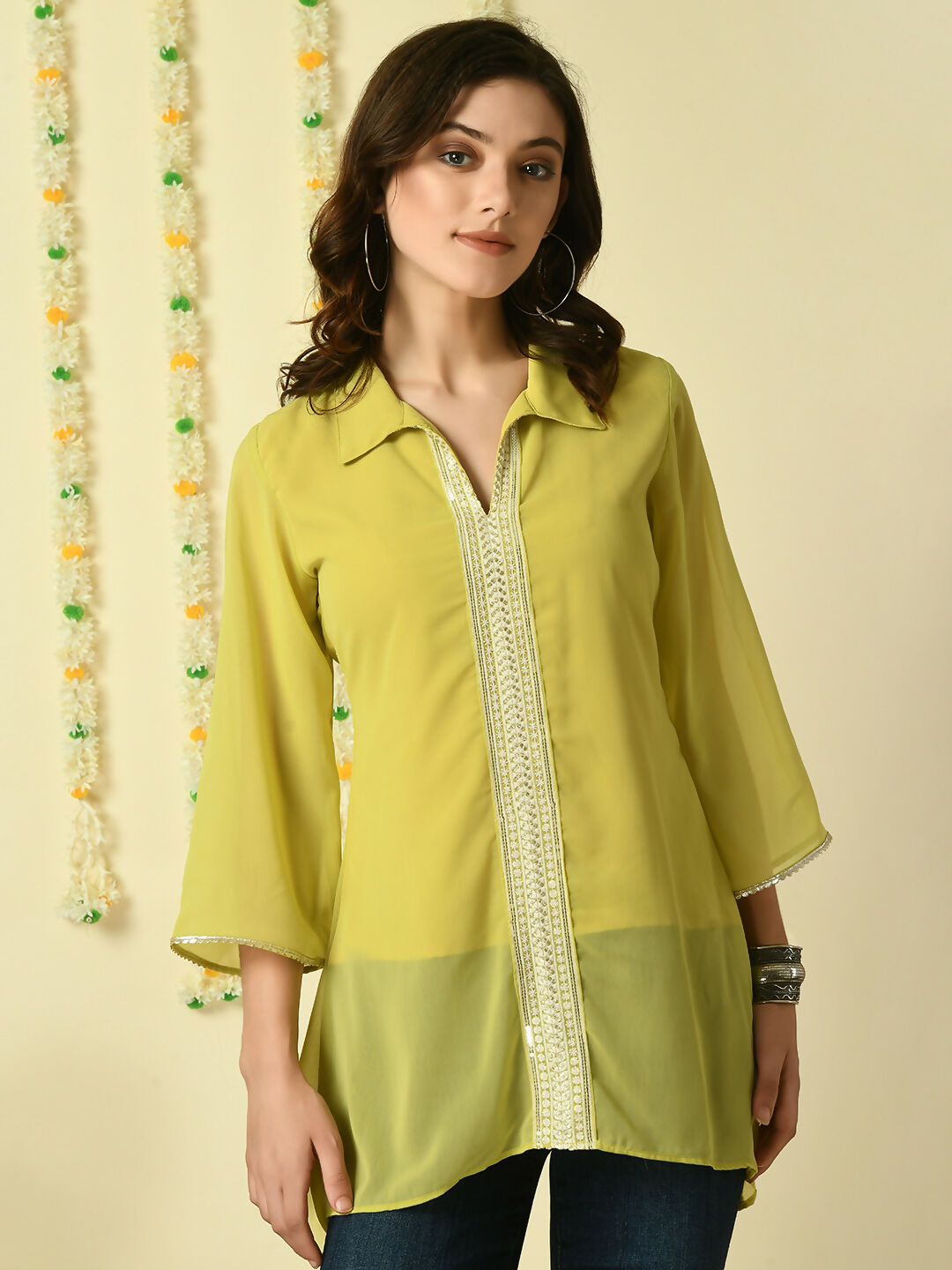 Myshka Women's Yellow Embroidered Party Fusion Top