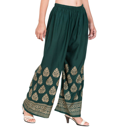 PAVONINE Bottle Green Color Golden Printed Rayon Fabric Sharara For Women & Girls