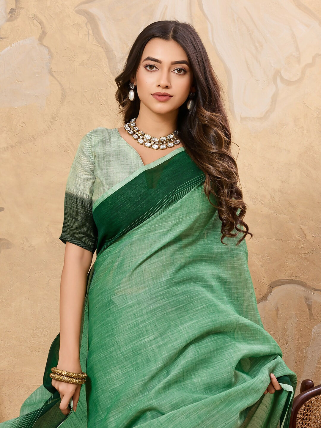 Shree Shyam Fashion Pista Green Linen Saree - Distacart