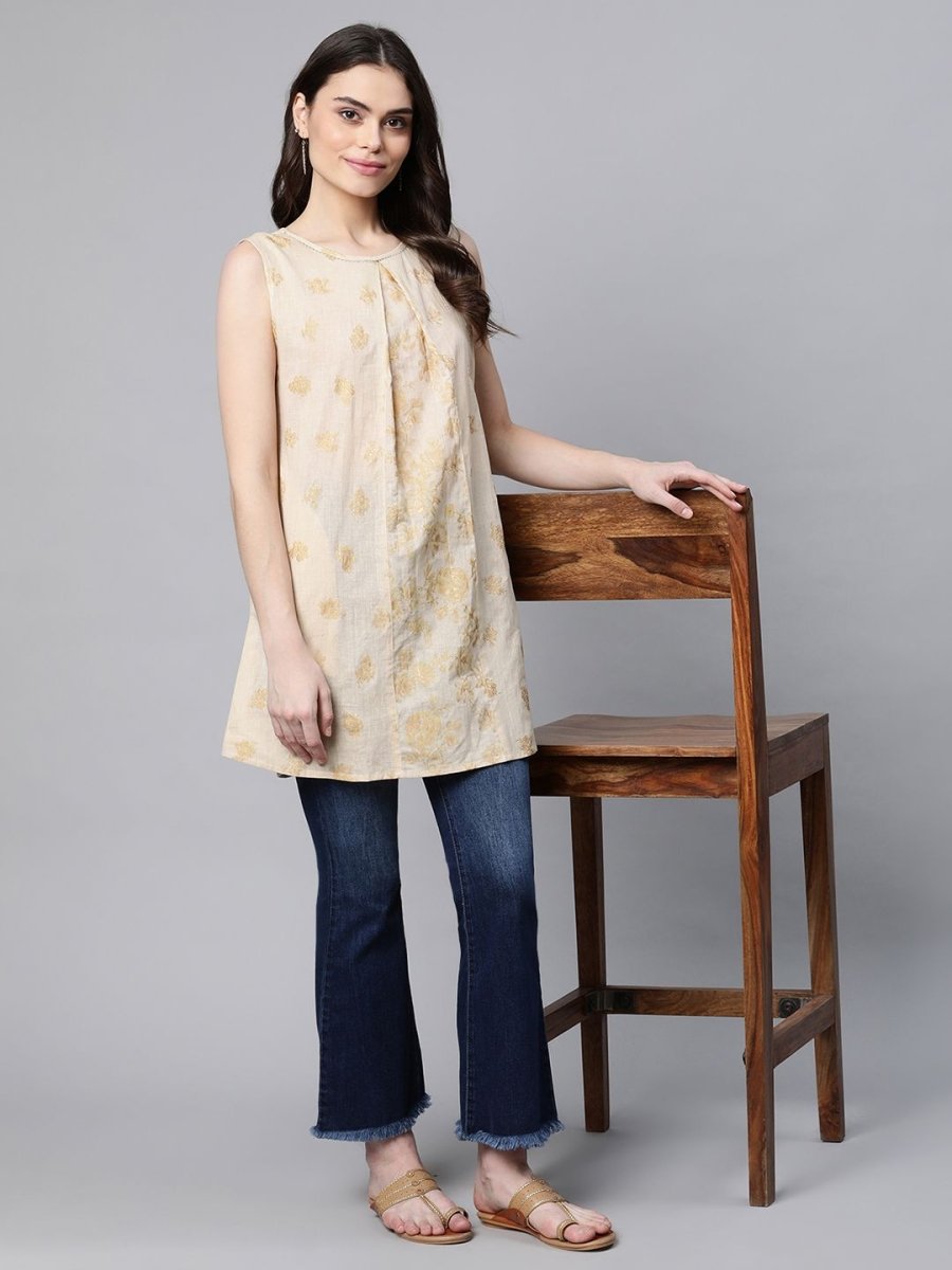 Ahalyaa Women Beige Pure Cotton Floral Printed Tunic - Distacart