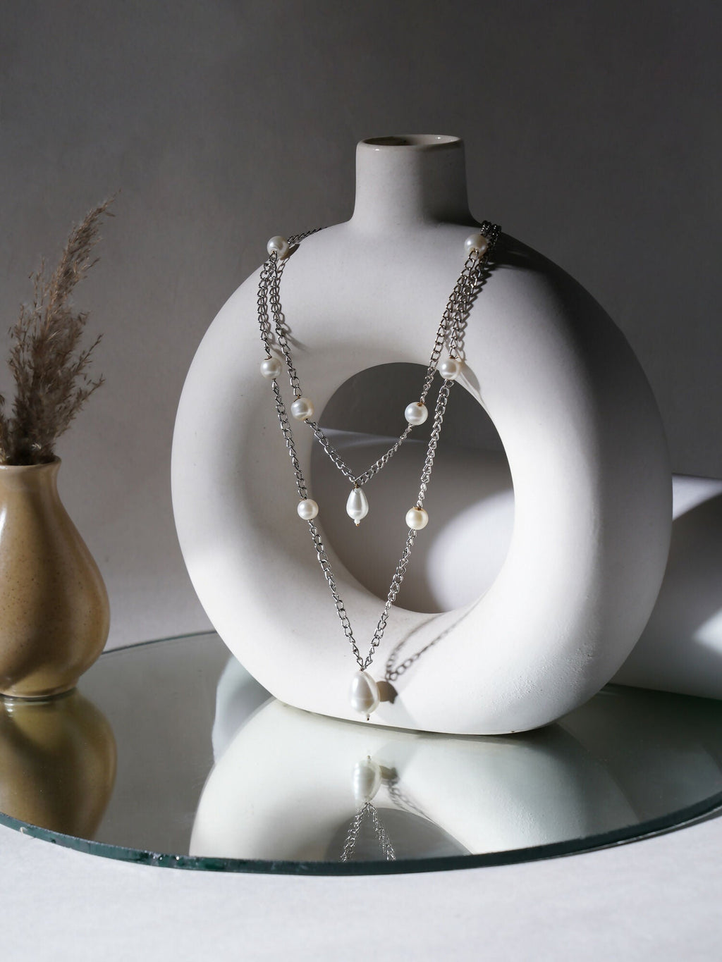 Layered Pearl and Silver Neckpiece (silver) - Ruby Raang