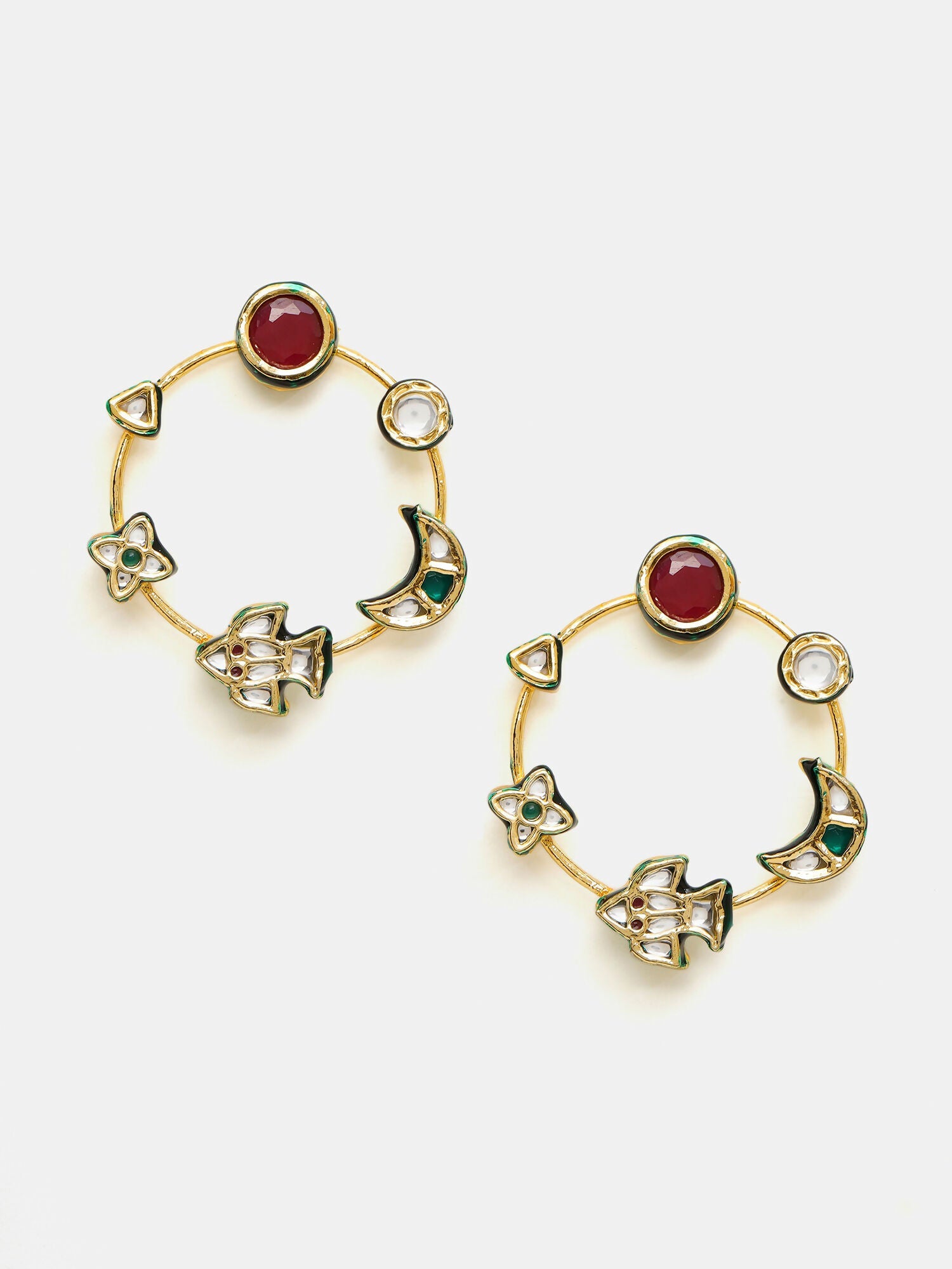 Ruby Raang Gold Polished Kundan Work Multi-Color Round Kundan Earrings