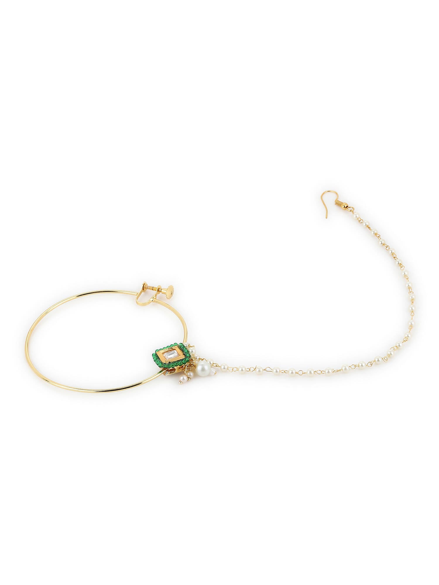Gold-Plated Green White Kundan Studded Beaded Chained Nosepin - Ruby Raang - Distacart