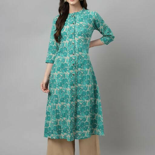 FIORRA Women's Floral Printed Teal Green Pure Cotton Straight Kurta