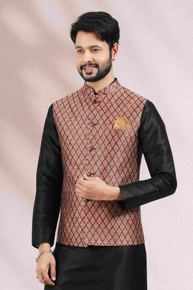 Raivat Ethnic Jacquard Banarasi Silk Woven Work 3 Pics Jacket Set In Maroon Colour - Distacart