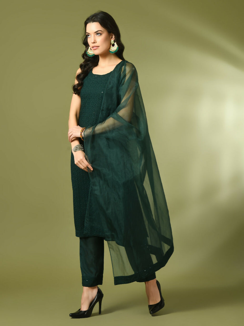 Myshka Women's Green Embroidered Cotton Straight Party Kurta Set With Dupatta