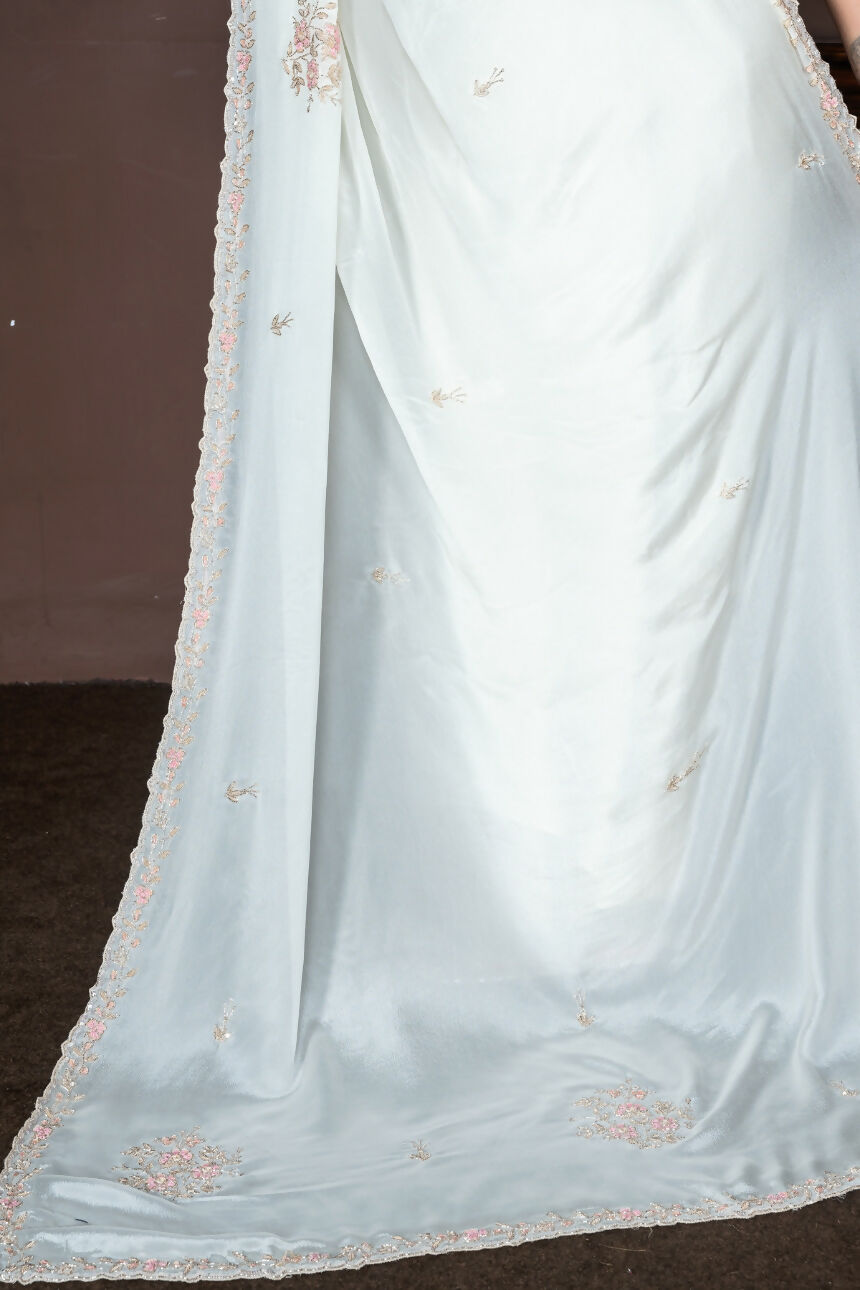 Morchari Off White Chiffon Hand Embroidery Saree And Stitched Blouse - Distacart