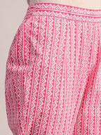 Aavyora Women's Pink Floral Cotton Kurta with Lace Detailing, with Trouser & Dupatta