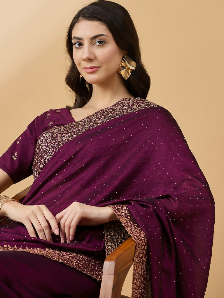 Purple Silk Blend Embroidered Saree with Unstitched Blouse - Vairagi