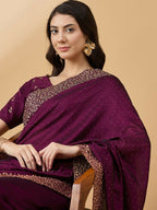 Purple Silk Blend Embroidered Saree with Unstitched Blouse - Vairagi