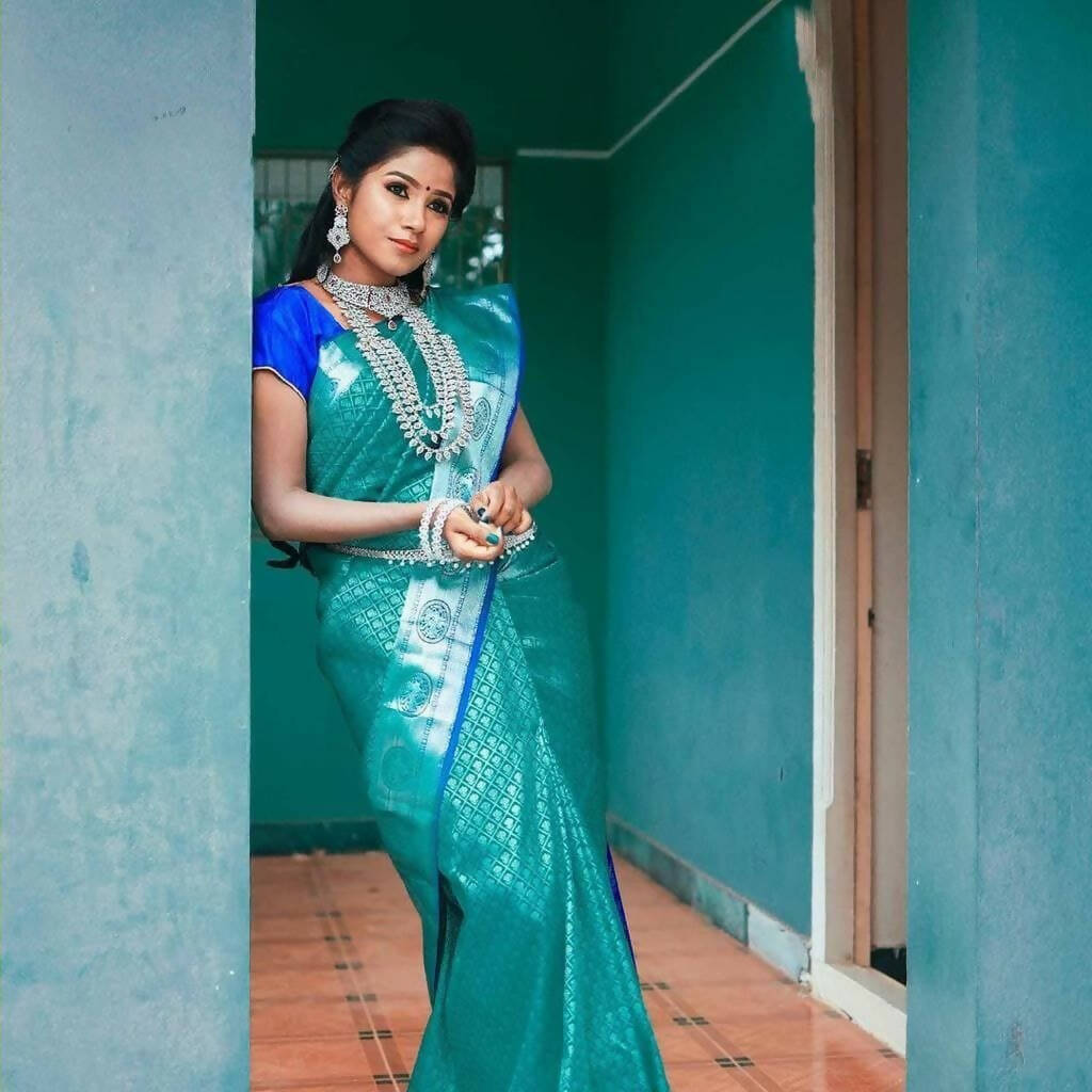DEIANA'S Beautiful Designer Golden zari Soft Lichi Silk Saree - Sky