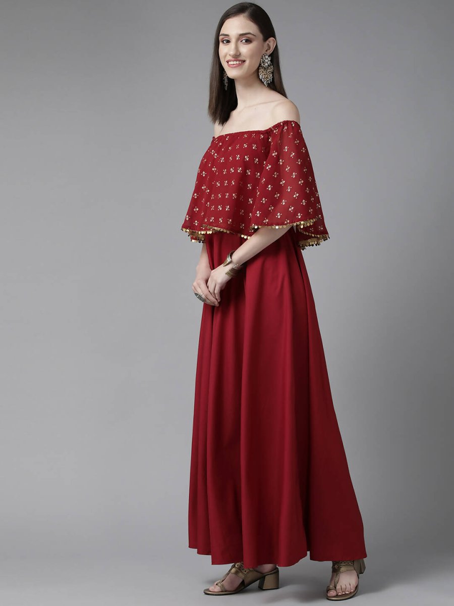 Ahalyaa Womens Maroon Cotton Blend Gold Printed Dress - Distacart