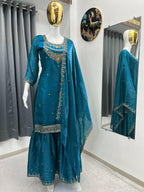 Teeya Creation Teal Color Fendy Satin Silk Heavy Embroidery Work Sharara Suit - Distacart