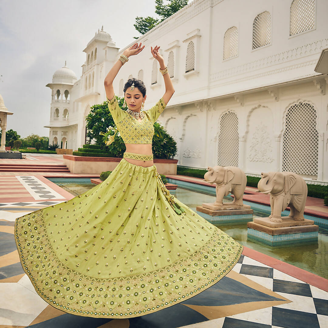 Olive Green Heavy Viscose Khatli, Embroidery & Mirror Work Unstitched Lehenga Choli - Sisha Keshav