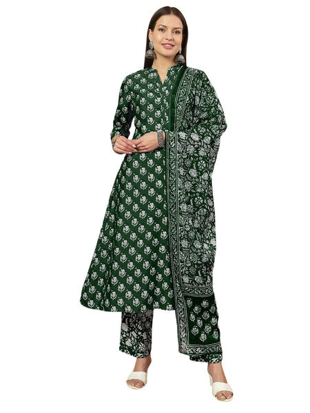 Vamika Poly Rayon Printed Bottle Green Party Wear/Casual Wear/Office Wear Kurta Set/Suit