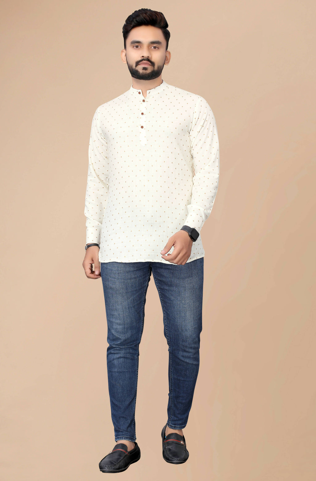 Mens Off White Viscose Foil Print Kurta - Mahotsav