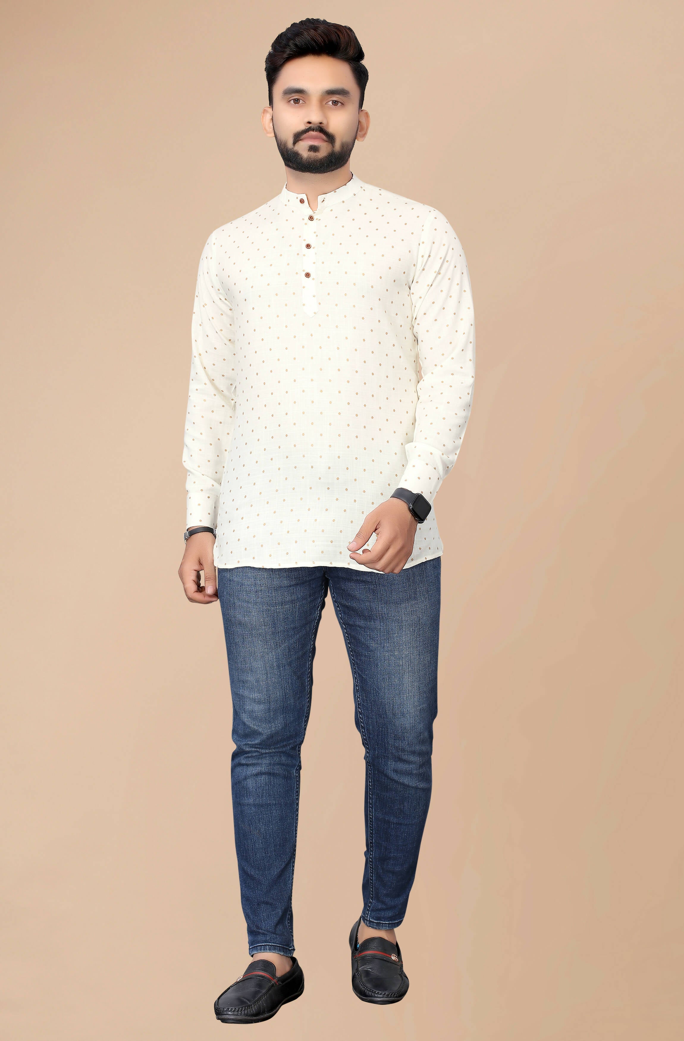 Mens Off White Viscose Foil Print Kurta - Mahotsav