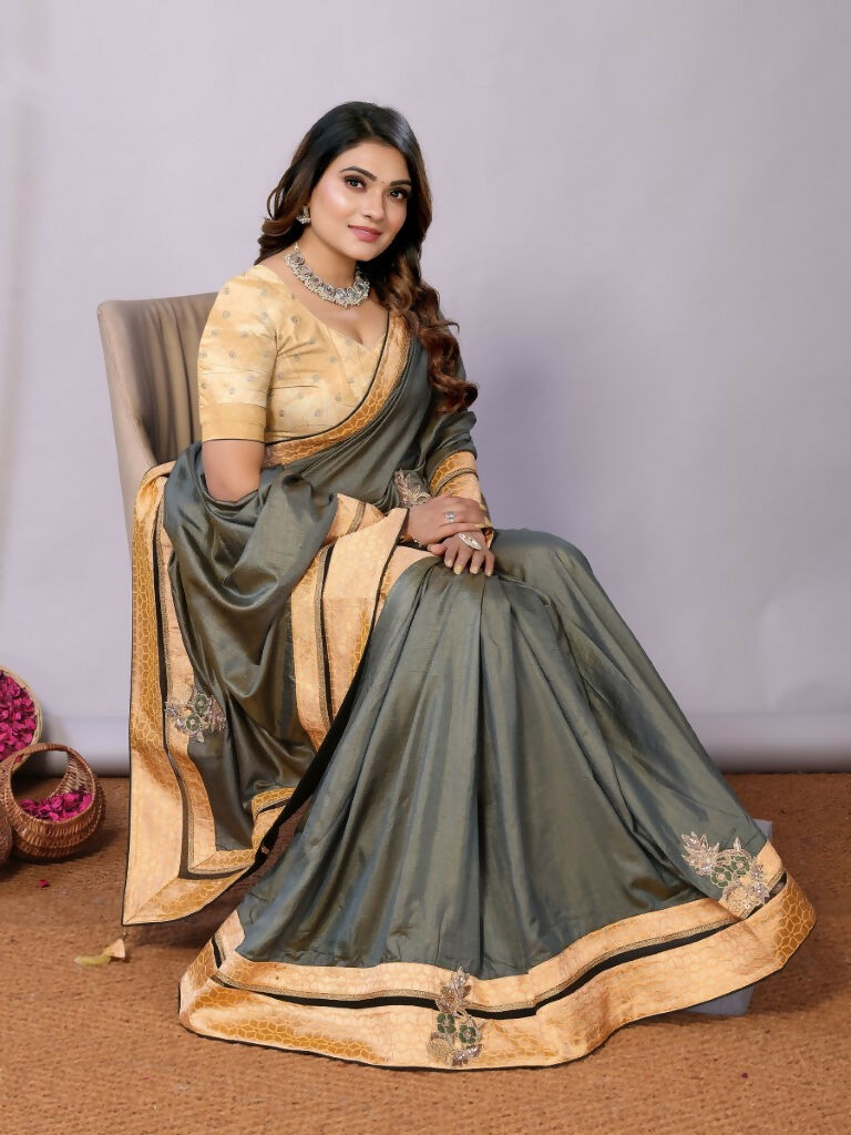 Olive Tusser Silk Resham Cord And Sequins Embroidery Handwork Butta Saree - Norita Saumya