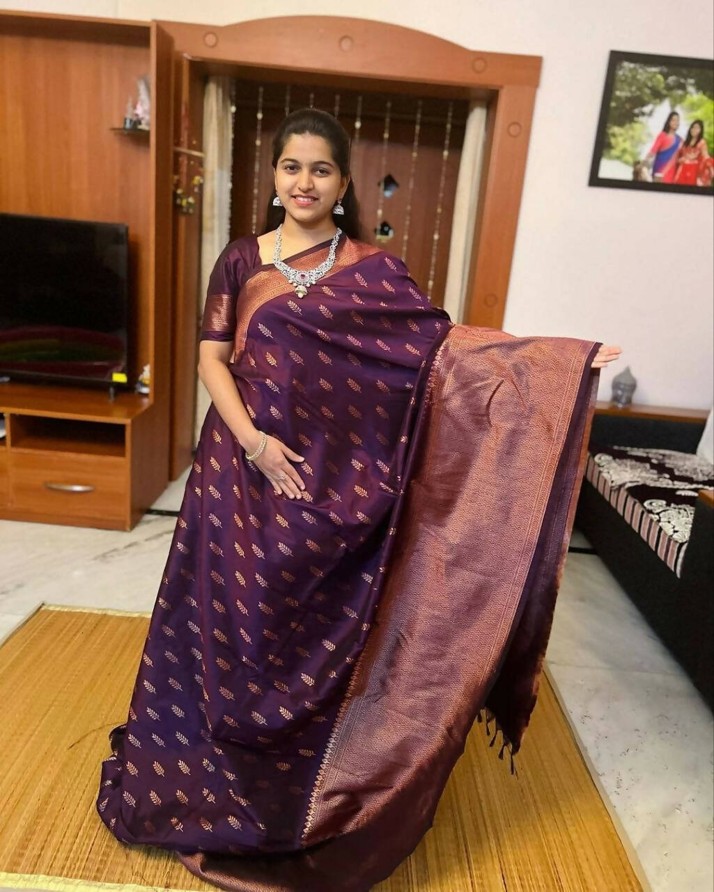 DEIANA'S Beautiful Designer Golden zari Soft Lichi Silk Saree - Wine