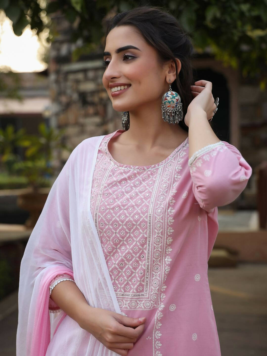 Juniper Women's Pink Cambric Floral Print Kurta Straight Pant And Duptta Sets - Distacart