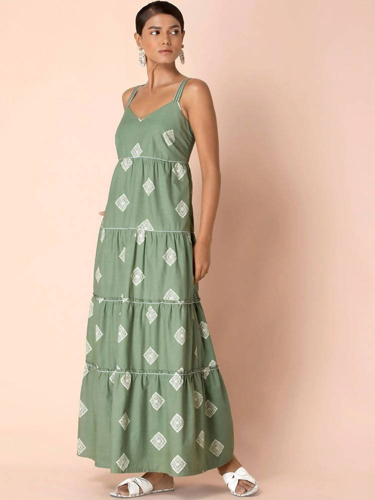 Indya Green Tribal Tiered Maxi Dress - Distacart