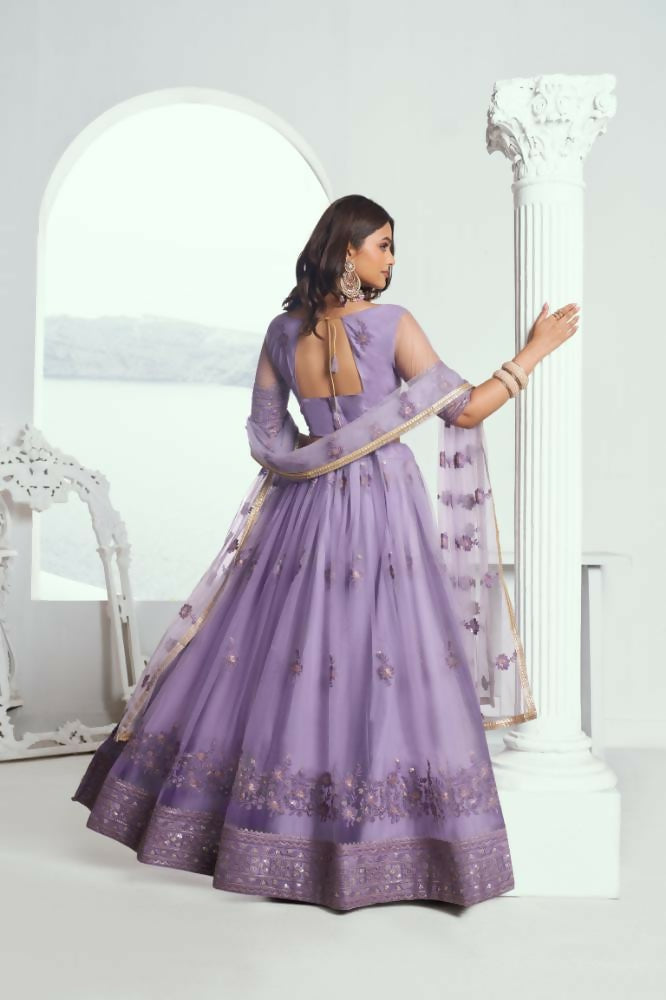 Aastha Fashion Lavender Butterfly Net Tone To Tone Cotton Thread Work And Sequence Work Embroidery Wedding Wear Lehenga Choli