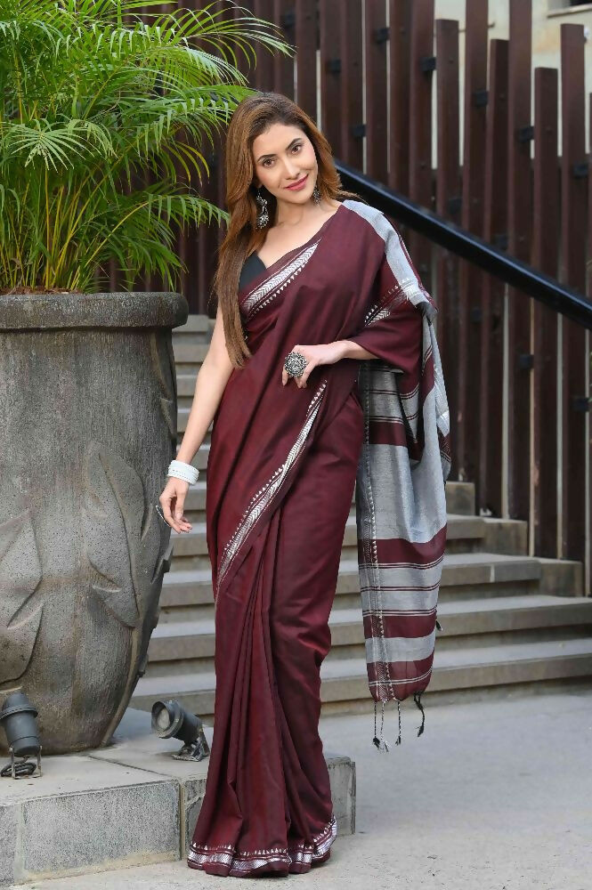 Beatitude Maroon Cotton Handloom Saree