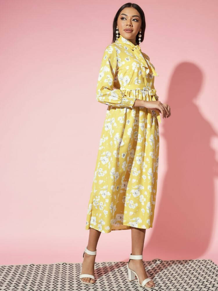 Myshka Women Yellow Floral Rayon A-Line Shirt Collar Dress - Distacart