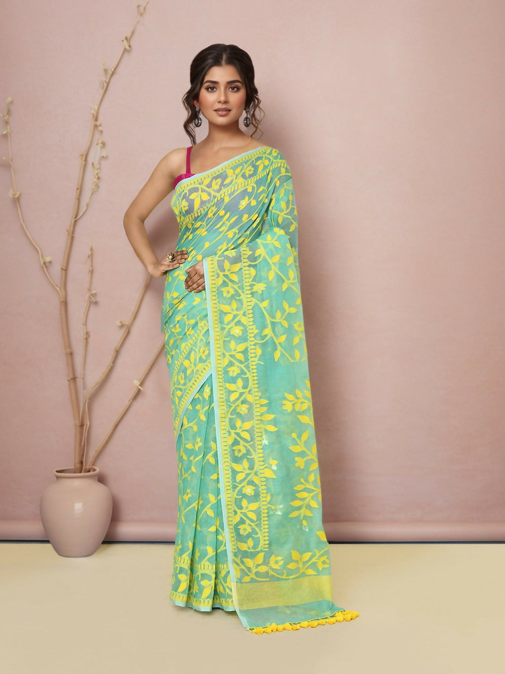 Joban Fashion Light Green Cotton Blend Jamdani Saree