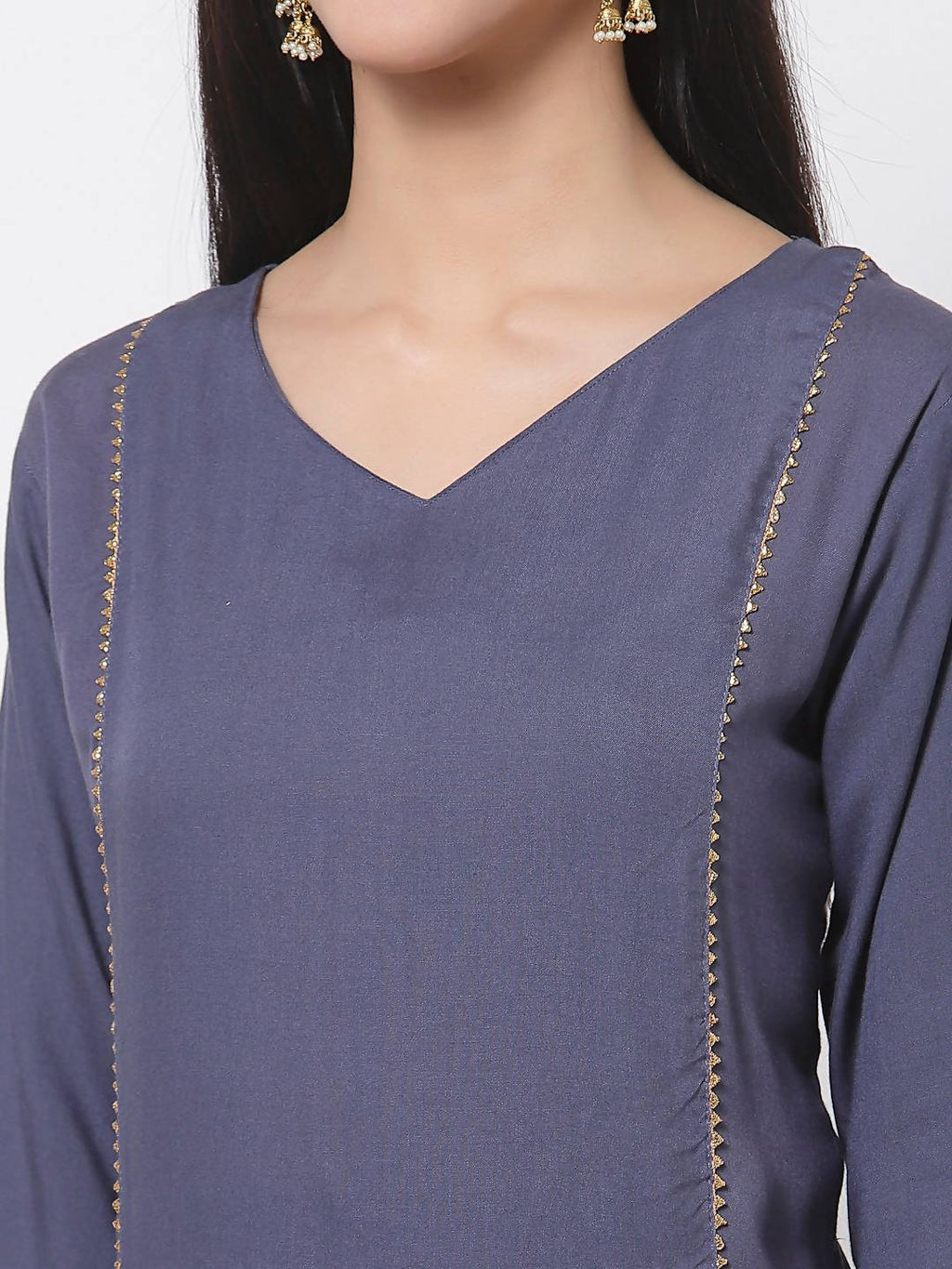 Myshka Women's Grey Viscose Solid 3/4 Sleeve V Neck Casual Kurta Palazzo Dupatta Set