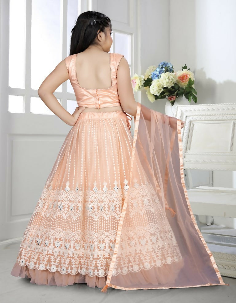 Wedding Designer Peach Net Kidswear Lehenga - Aaradhna