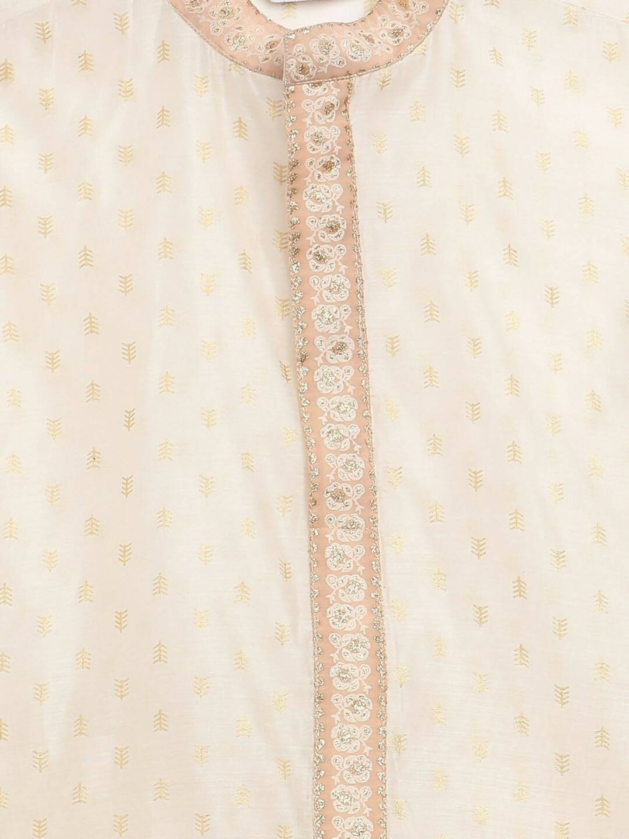 Ahalyaa Cream Chanderi Gold Print Kids Kurta Churidar Set For Boys