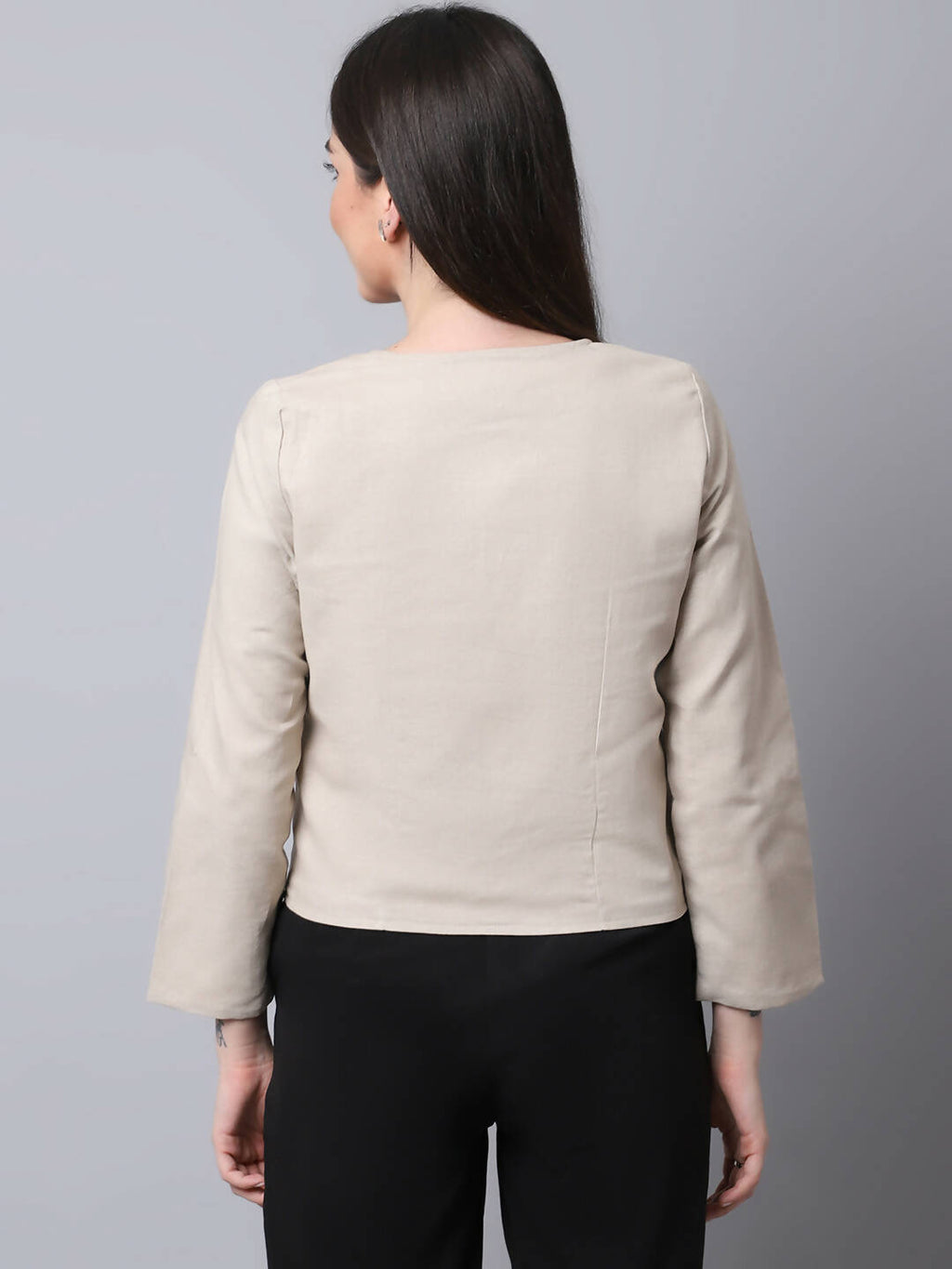 Even Apparels Cream Linen Cotton Open Front Statement Women's Jacket