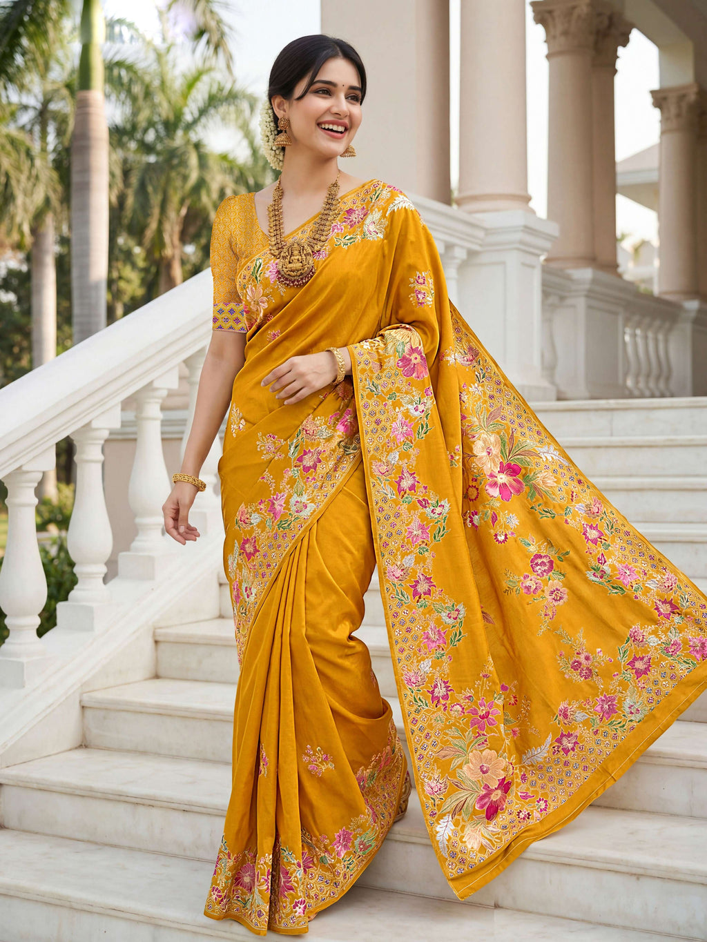 Aastha Fashion Mustard Premium Russian Silk Designer Floral Position Print Saree - Distacart